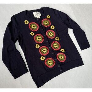 Anthropologie Tabitha Women’s Cardigan Sweater Embroidered Size M Navy Boho